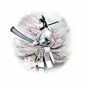 Samurai warrior in a garden of cherry blossoms thinking abour war tattoo design idea