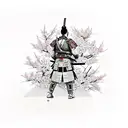 Samurai warrior in a garden of cherry blossoms thinking abour war tattoo design idea
