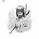 Samurai warrior in a garden of cherry blossoms thinking abour war tattoo design idea
