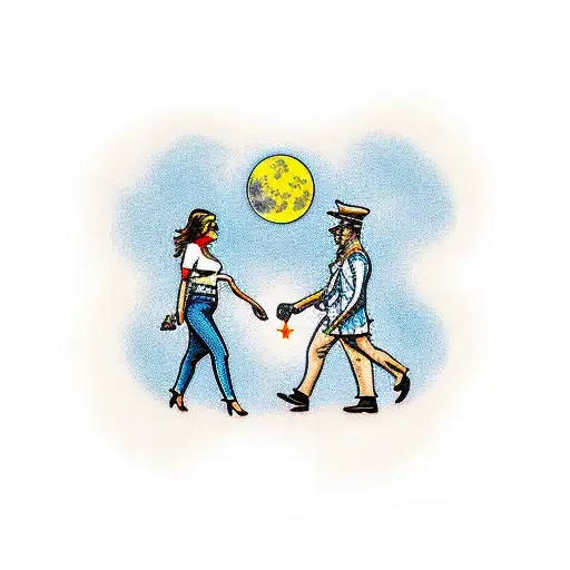 two people walking down a road sharing a joint with the moon  tattoo design idea