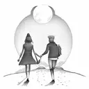 two people walking down a road sharing a joint with the moon  tattoo design idea