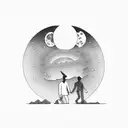 two people walking down a road sharing a joint with the moon  tattoo design idea