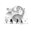 two people walking down a road sharing a joint with the moon  tattoo design idea