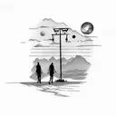 two people walking down a road sharing a joint with the moon  tattoo design idea