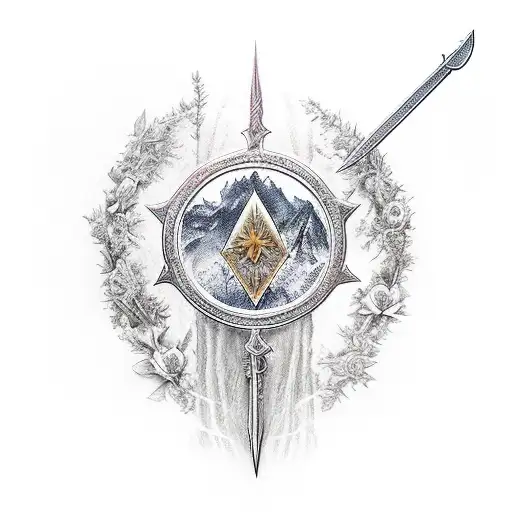 magical world of the lord of the rings: landscapes, flowers, objects, sword, bow with arrows, rings tattoo design idea