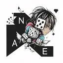 tattoo with writing in the game no life and BTS letters covering, with dice around it tattoo design idea