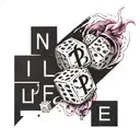 tattoo with writing in the game no life and BTS letters covering, with dice around it tattoo design idea