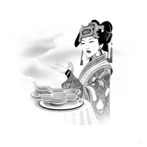 meng po, chinese goddess of oblivion serving soup of oblivion near bridge of oblivion tattoo design idea
