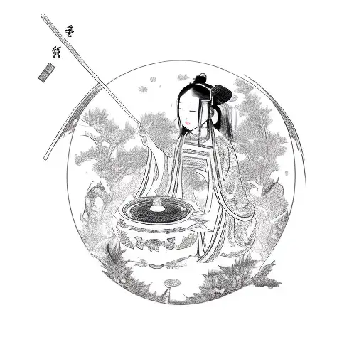 meng po, chinese goddess of oblivion serving soup of oblivion near bridge of oblivion tattoo design idea