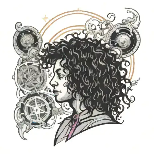 curly hair and quantum physics tattoo design idea
