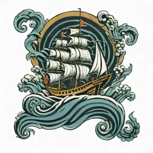 sailors ship with waves and greek signs tattoo design idea