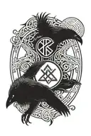 two ravens and two wolves flanking a rune circle with vulknut tattoo design idea