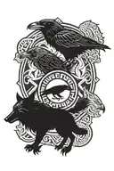 two ravens and two wolves flanking a rune circle with vulknut tattoo design idea