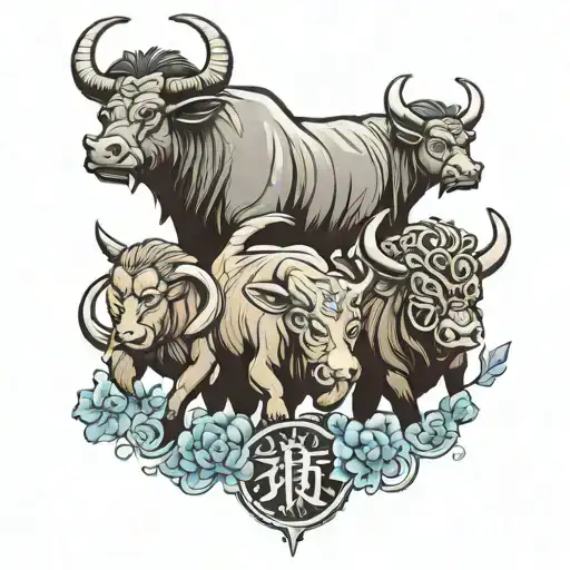 Chinese zodiac, water Buffalo, monkey, and cat together in 2D format tattoo design idea