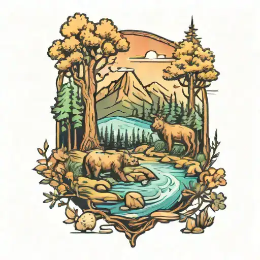 Nature river bear and deer mountain trees tattoo design idea
