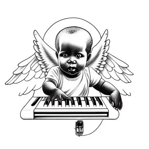 black baby angel playing soul music on a keyboard with heavenly background and doves tattoo design idea