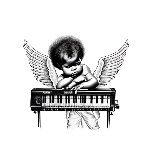 black baby angel playing soul music on the keyboard tattoo design idea