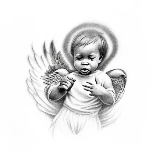 black baby angel singing to doves in hevean  tattoo design idea