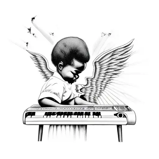black baby angel playing soul music on the keyboard tattoo design idea
