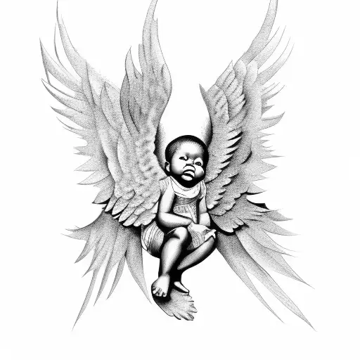 black baby angel singing to doves in hevean  tattoo design idea