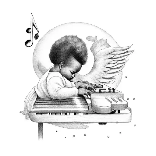 black baby angel playing soul music on the keyboard tattoo design idea