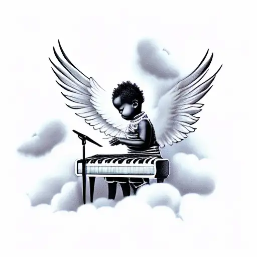 black baby angel playing keyboard in heaven with doves fly in background tattoo design idea