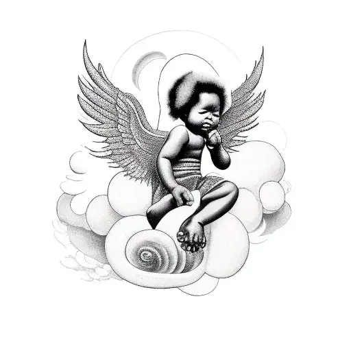 black baby angel playing soul music on a keyboard with heavenly background and doves tattoo design idea