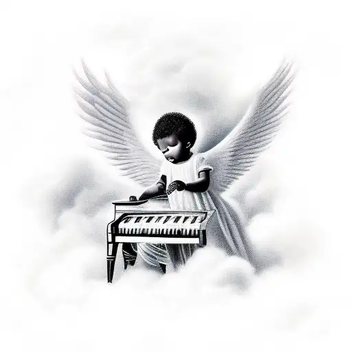 black baby angel playing keyboard in heaven with doves fly in background tattoo design idea