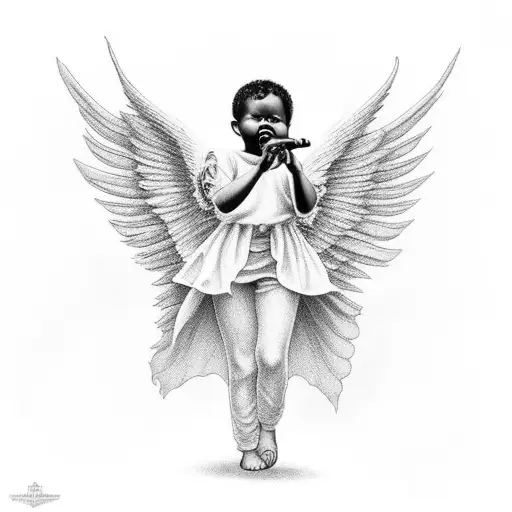 black baby female angel singing to birds in hell tattoo design idea