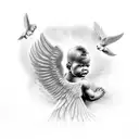 black baby angel singing to doves in hevean  tattoo design idea