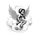 black baby angel playing soul music on a keyboard with heavenly background and doves tattoo design idea