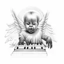 black baby angel playing soul music on a keyboard with heavenly background and doves tattoo design idea