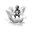 black baby angel playing soul music on a keyboard with heavenly background and doves tattoo design idea