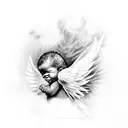 black baby angel playing soul music on a keyboard with heavenly background and doves tattoo design idea
