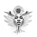 black baby female angel singing to birds in hell tattoo design idea