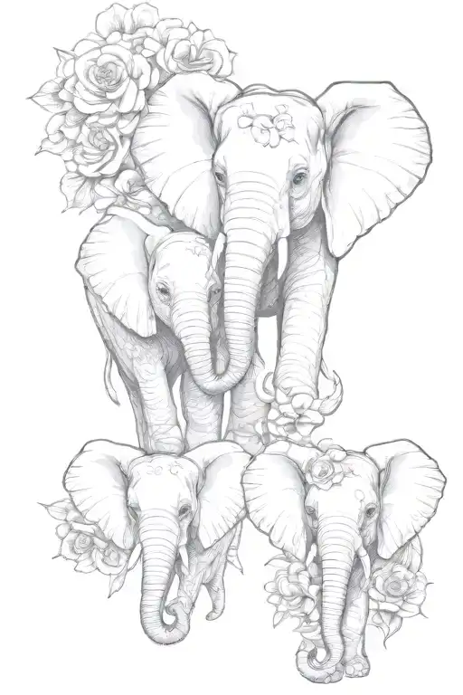 3 elephant baby  half faces with floral forward facing tattoo design idea