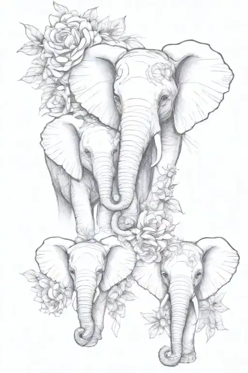 3 elephant children  half faces with floral forward facing tattoo design idea