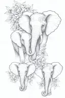 3 elephant children  half faces with floral forward facing tattoo design idea
