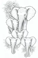 3 elephant children  half faces with floral forward facing tattoo design idea