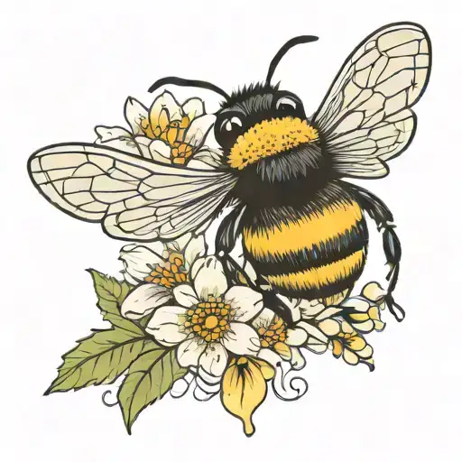 bumble bee and flowers intertwined tattoo design idea