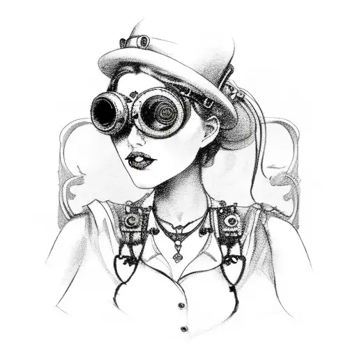animated steam punk woman, corset top with buckles, small black hat with goggles, dusty blonde hair and a cross necklace tattoo design idea