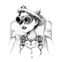 animated steam punk woman, corset top with buckles, small black hat with goggles, dusty blonde hair and a cross necklace tattoo design idea