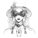 animated steam punk woman, corset top with buckles, small black hat with goggles, dusty blonde hair and a cross necklace tattoo design idea