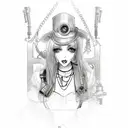 animated steam punk woman, corset top with buckles, small black hat with goggles, dusty blonde hair and a cross necklace tattoo design idea