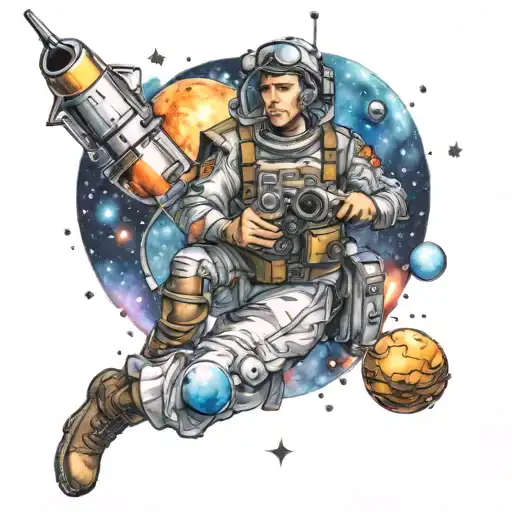 A new-school tattoo of a military cadet exploring a galaxy with a telescope, surrounded by cartoon planets tattoo design idea