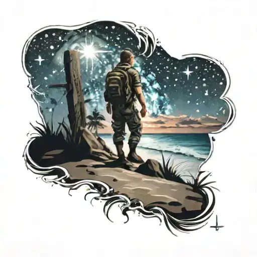 A realistic tattoo of a beach scene at night with a military cadet looking up at the stars and galaxy tattoo design idea