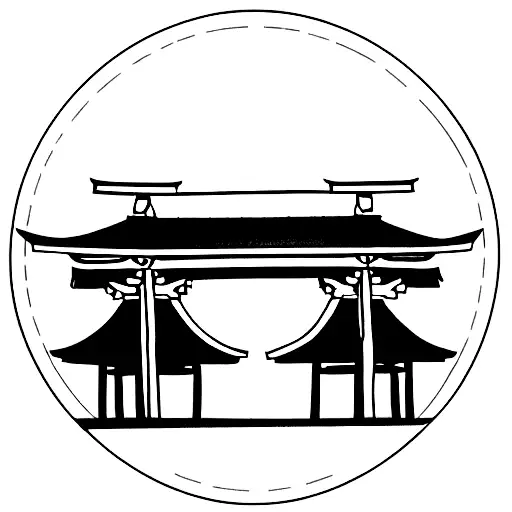 Shinto Shrine with a bench in the background surrounnded by two half moons tattoo design idea