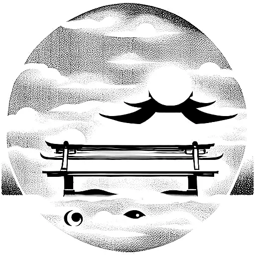 shinto shrine with two moons and a bench tattoo design idea