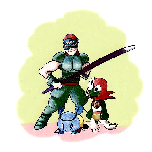 Raphael from TMNT standing behind Squirtle the Pokemon tattoo design idea