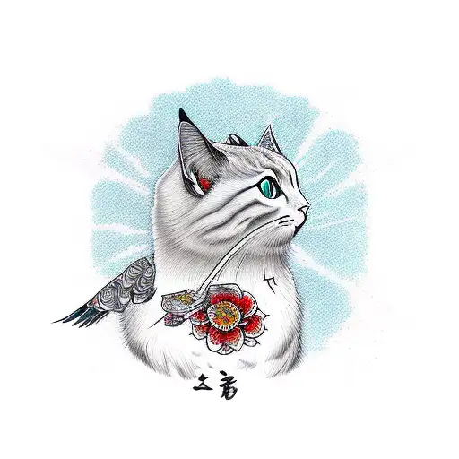 Bird and Cat With Bridge tattoo design idea